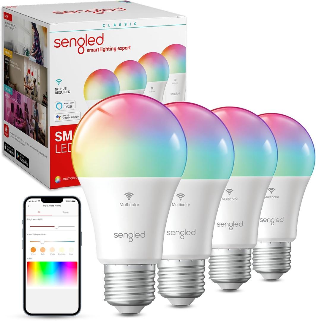 Sengled WiFi Color Changing Light Bulb, Alexa Smart Light Bulbs that Work with Alexa & Google Assistant, A19 RGB No Hub Required, 75 W Equivalent 800LM CRI>90, Set of 4 (4 Count (Pack of 1), Full Color (16 Millions))