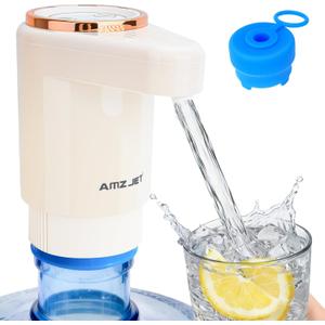 Dual Pump Water Dispenser for 5 Gallon Bottle, Electric Water Bottle Pump with Water Jug Cap, Powerful Flow, USB Rechargeable Automatic for Home, Office, Camping-Beige