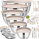 Mixing Bowls with Airtight Lids Set, 26PCS Stainless Steel Khaki Bowls with Grater Attachments, Non-Slip Bottoms & Kitchen Gadgets Set, Size 7, 4, 2.5, 2.0,1.5, 1QT, Great for Mixing & Serving