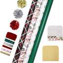 LaRibbons Christmas Wrapping Paper Sets, Classic Reindeer & Plaid Design With Ribbons & Gift Tags & Metallic Pom Pom, Perfect for Xmas, Holiday Party, 30Inch × 10Feet（ 4 Rolls: 100 Sq.Ft.Ttl）