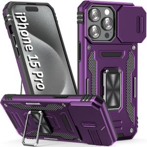 Case for iPhone 15 Pro iPhone Case iPhone 15 Pro Phone Case with Camera Lens Cover, with Ring Holder Kickstand, fit Magnetic Car Mount, for iPhone 15 Pro (Purple)