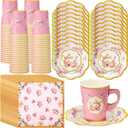 Vesici 150 Pcs Tea Party Decorations for Tables 9 oz Floral Disposable Paper Tea Cups with Handles Plates Saucers Napkins for Summer Spring Party(Teapot)