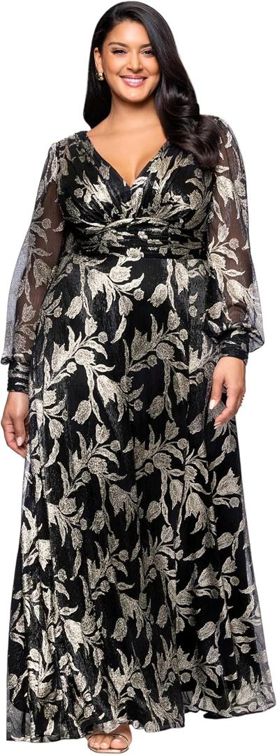 Betsy & Adam Women's Metallic Knit V Neck Ruched Long Sleeve Floor Length Dress (Plus) (Black/Gold) Size 22w