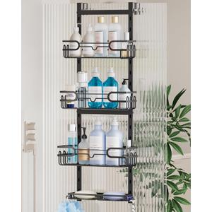 Consumest Over The Door Shower Caddy - 4 Tier Adjustable Hanging Shower Organizer Shelf with 2 Soap Holders & 22 Hooks, Rustproof Easy Installation Hanging Storage Rack for Bathroom, Black