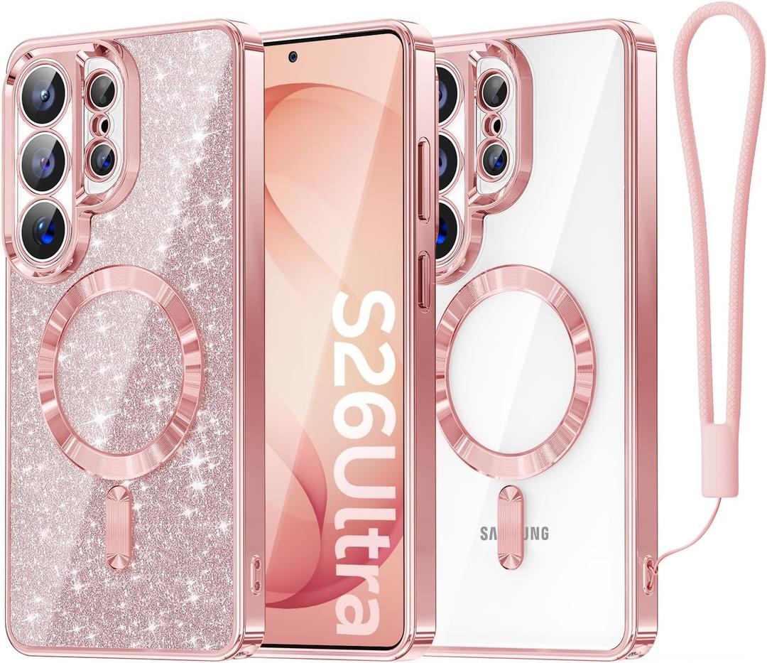 Meifigno Magnetic Case Designed for Samsung Galaxy S26 Ultra 6.9", [Compatible with MagSafe] [Removable Glitter Card & Wrist Strap], Surround Lens Protection Case for Galaxy S26 Ultra, Rose Gold