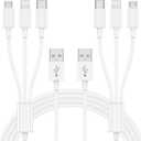 Multi Charger Cable 6Ft 2Pack, 3 in 1 Charging Cord, Universal Phone Charger, Multiple Charger Wire USB-A to Lightning/USB-Type C/Micro USB Connectors for Cellphone, Tablets and More (Charging Only) (White)