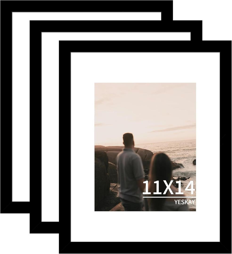 YESKAY 11x14 Picture Frame 3 Pack,Black Wooden Frame with Tempered Glass,Display Pictures 8x10 with Mat or 11 x 14 Without Mat,11 by 14 Photo Frame for Wall Hanging