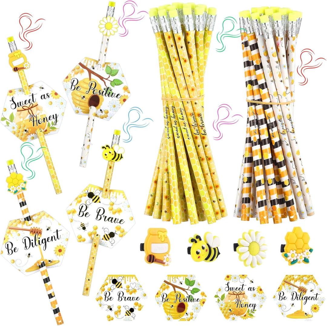 48 Sets Bee Themed Scented Pencils with Erasers Motivational Cards and Pencil Topper Clip Gifts Bulk Prizes Reward Bee Party Favor