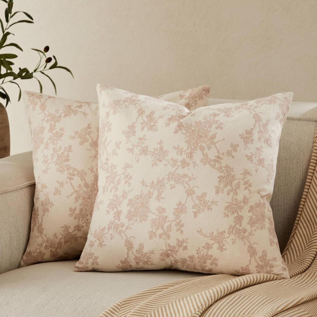 100% Cotton French Pastoral Throw Pillow Covers Set of 2, 20x20 Inch Taupe Farmhouse Decorative Cushion Covers for Sofa Bed Living Room Home Decor