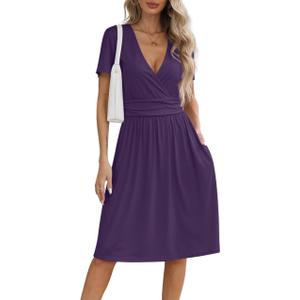 NILOUFO Women's Summer Casual Dress Short Sleeve Wrap V Neck Midi Dresses with Pockets (Large, Purple)