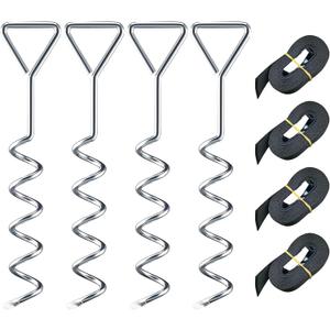 Trampoline Anchor Kit,Tent Pegs Heavy Duty Hard Ground Metal Screw In Storm Pegs Strong Long Galvanized with Adjustable Belt for Swings,Garden Shed,Playhouses,Dogs