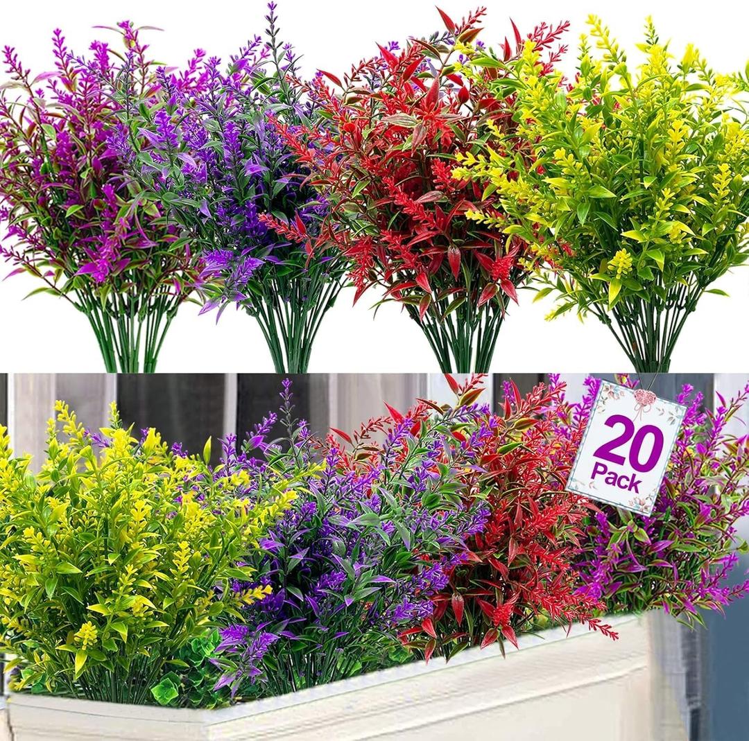 20 Bundles Artificial Lavender Flowers for Outdoors Summer Decor, UV Resistant Fake Flowers Plastic Faux Plants Wedding Kitchen Office Table Centerpieces Home Porch Yards Cemetery Decor(Mix Colors)