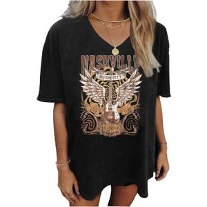 Oversized Wild West Cowboys T-Shirt for Women Vintage Country Music Tee Western Rodeo Graphic Tee Short Sleeve Loose Top (Large, Black-3)