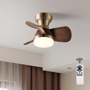20 Inch Ceiling Fan with Light, 3 Blades Wood Grain, Brass Small Ceiling Fan with Remote Control, Suitable for Living Room, Dining Room, Bedroom