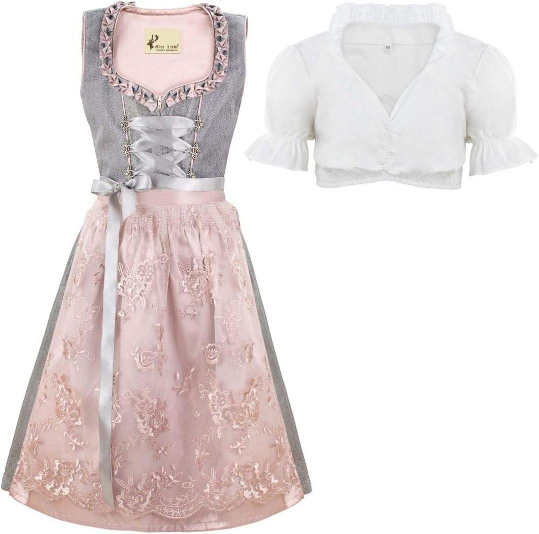 Girls German Dress Bavarian Dirndl Oktoberfest Children Dress Size 4T,6,8,10,12,14 Grey Pink