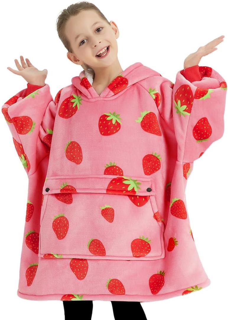 KFUBUO Wearable Blanket Hoodie for Kids Sherpa Patterns Oversized Sweatshirt Blanket With Pocket 6-10 Year Old Girl Cute Hoodies Gift Strawberry