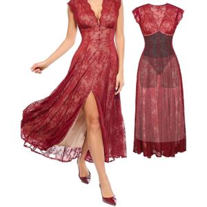 Popilush Women's Formal Wedding Guest Lace Sleeveless V Neck Maxi Shapewear Dress Evening Mother of Bride Split Dresses XXL