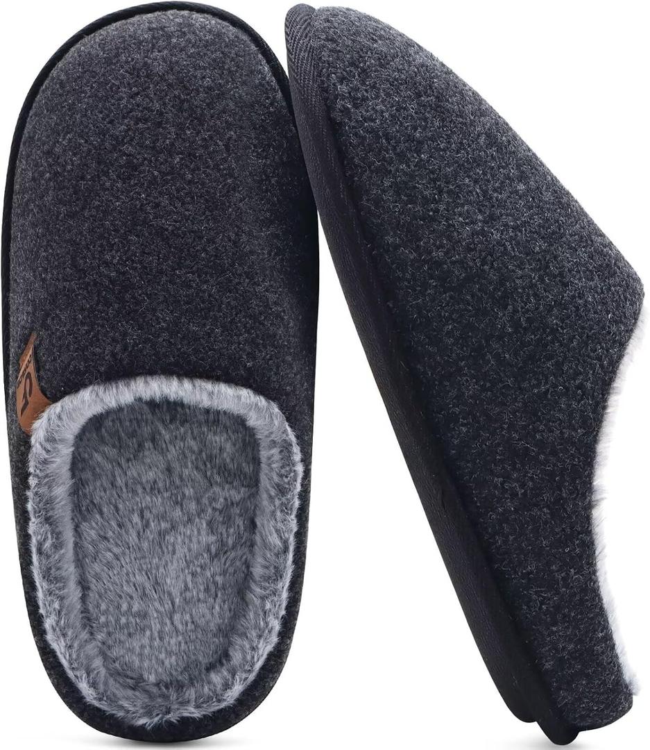 COFACE Mens Cozy Memory Foam Scuff Slippers Casual Slip On Warm House Shoes Indoor/Outdoor Sandal Slippers With Arch Support Rubber Sole Size 7-15 (10, Felt Black)