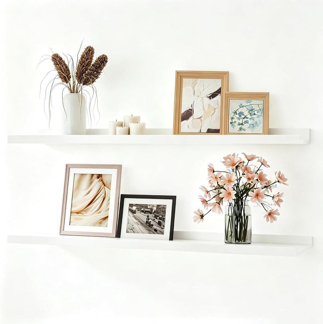 White Floating Shelves for Wall Decor, 32 in Shelf with Lip Set of 2, 31.5in