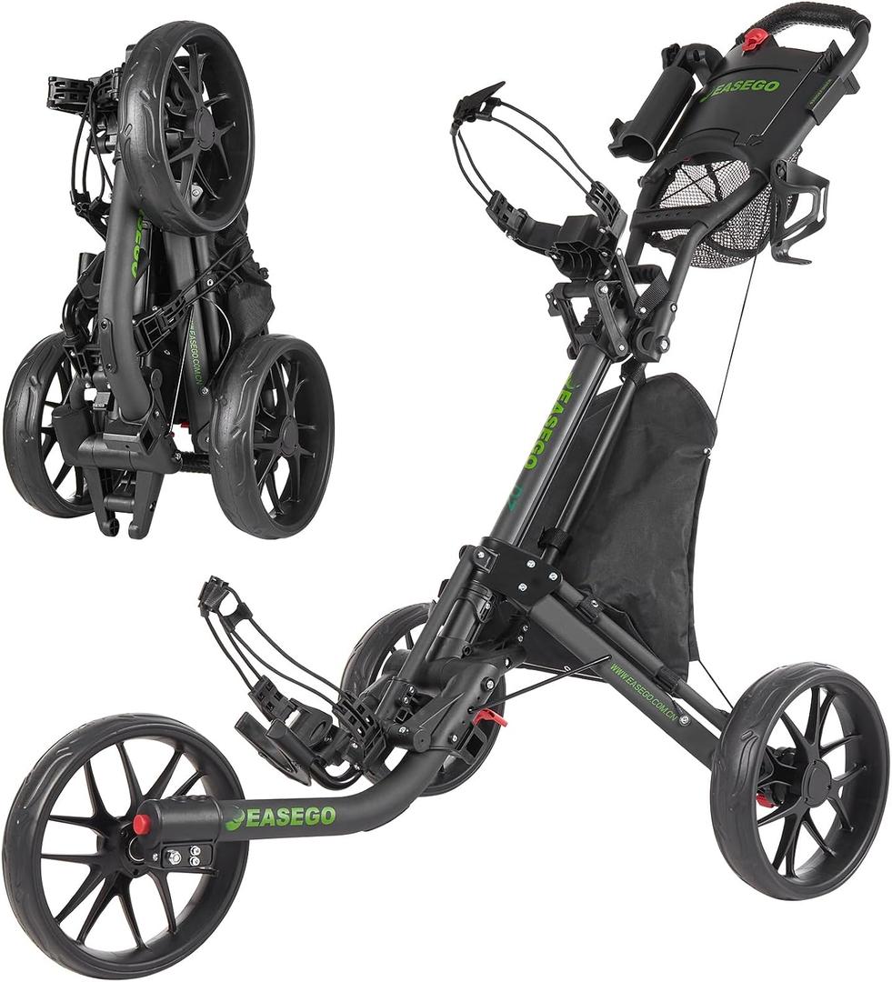 EASEGO Golf Push Cart 3 Wheel : Golf Bag Cart Foldable with Phone Holder/Cup/Umbrella Holder Compact Golf Pull Carts Quick Fold Golf Caddy Push Carts with Large Wheelbase for Different Terrain