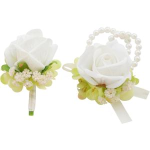4 x MAFELOE Boutonniere Corsage Set, Artificial Flowers Accessories for Wedding Prom Party Homecoming Celebration Suit Decorations-2 Pieces White+Light Green