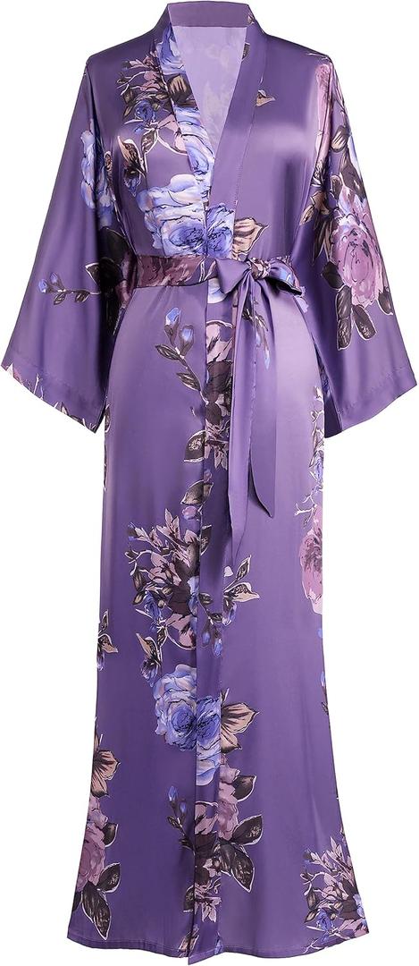 BABEYOND Women's Kimono Robe Long Satin Silky Floral Lightweight Bridesmaid Wedding Bachelorette Party Robe (Purple)