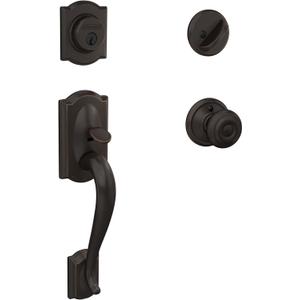 Schlage F60 V CAM 716 GEO Camelot Front Entry Handleset with Georgian Knob, Deadbolt Keyed 1 Side, Aged Bronze