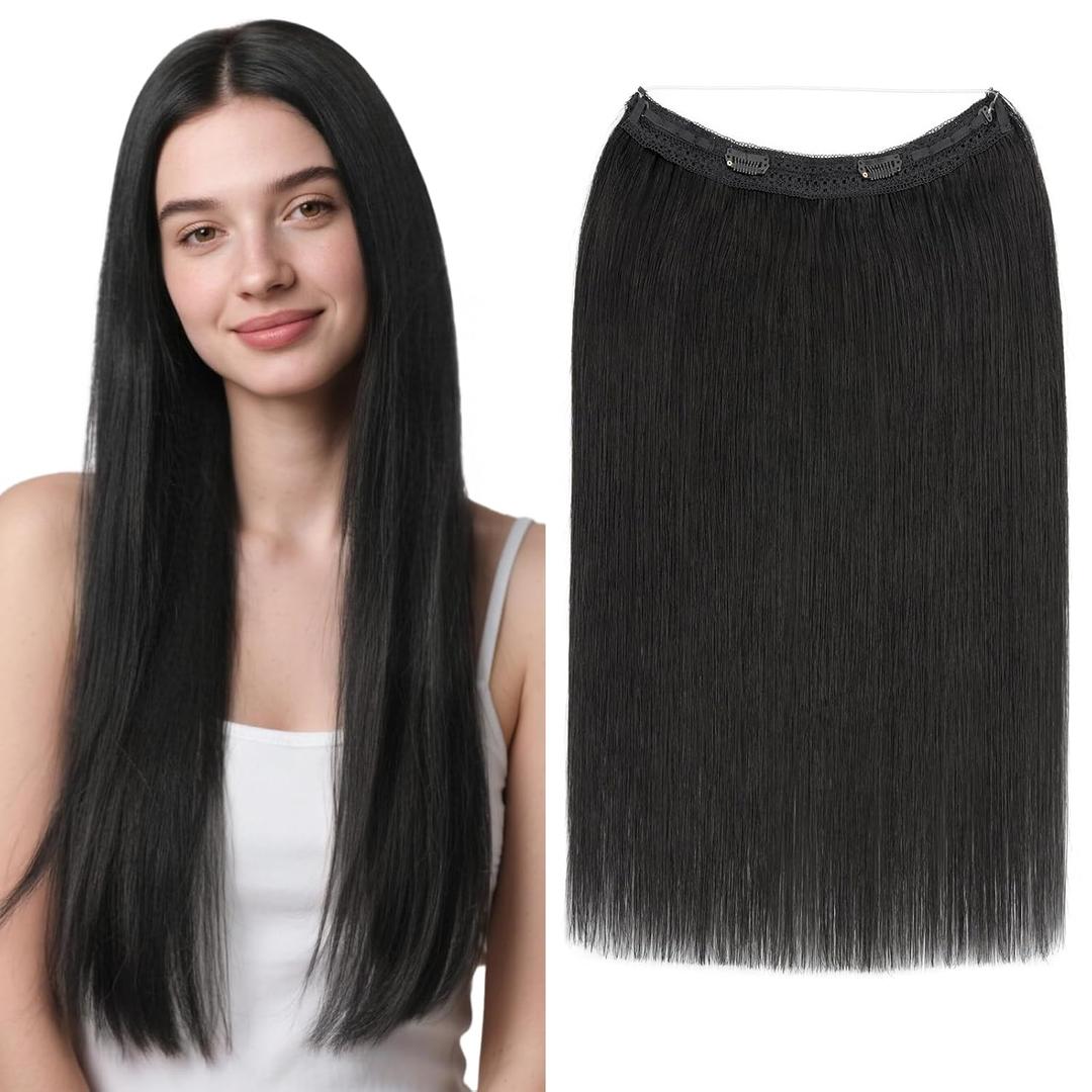 MY-LADY Halo Hair Extensions Real Human Hair for Women Jet Black Clip in Remy Hairpiece with Adjustable Invisible Wire 22 Inch 100G