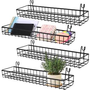 4 Pcs Wire Baskets Wall Grid Panel Hanging Wire Basket Hanging Wall Baskets No Drilling Wall Hanging Baskets Grid Wall Storage Basket for Kitchen Bathroom Home Decor Supplies, Black
