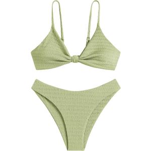 ZAFUL Women's Solid High Cut Cheeky Textured Twisted Knot Bikini Set Two Piece Swimsuit (3-Green#8, M)