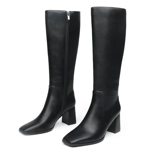 Knee High Boots Women Chunky Block Heel Square Toe Zipper Boots Black Matte, Size 8.5