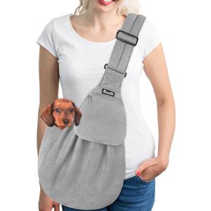 SlowTon Dog Carrier Sling - Thick Padded Shoulder Strap Adjustable Dog Carriers for Small Dogs, Puppy Carrier Purse for Pet Cat with Front Zipper Pocket Safety Belt Machine Washable (GY, L) (D-Light Grey Knitted Fabric)