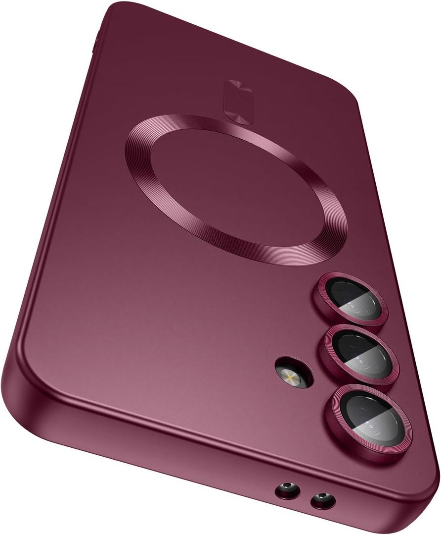 Magnetic for Samsung Galaxy S25 Case [Compatible with MagSafe][Built-in Camera Lens Protector] Slim Soft Silicone Bumper Shockproof Metallic Luster Phone Shell (Burgundy)