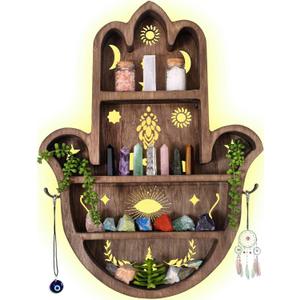 Wooden Hamsa Shelf for Crystals & Stones - Large 20 Inch Display Shelf for Essential Oils, Room Decor, Hamsa Wall Decor Wooden Hamsa Shelf for Crystals & Stones - Large 20 Inch Display Shelf for Essential Oils, Room Decor, Hamsa Wall Decor