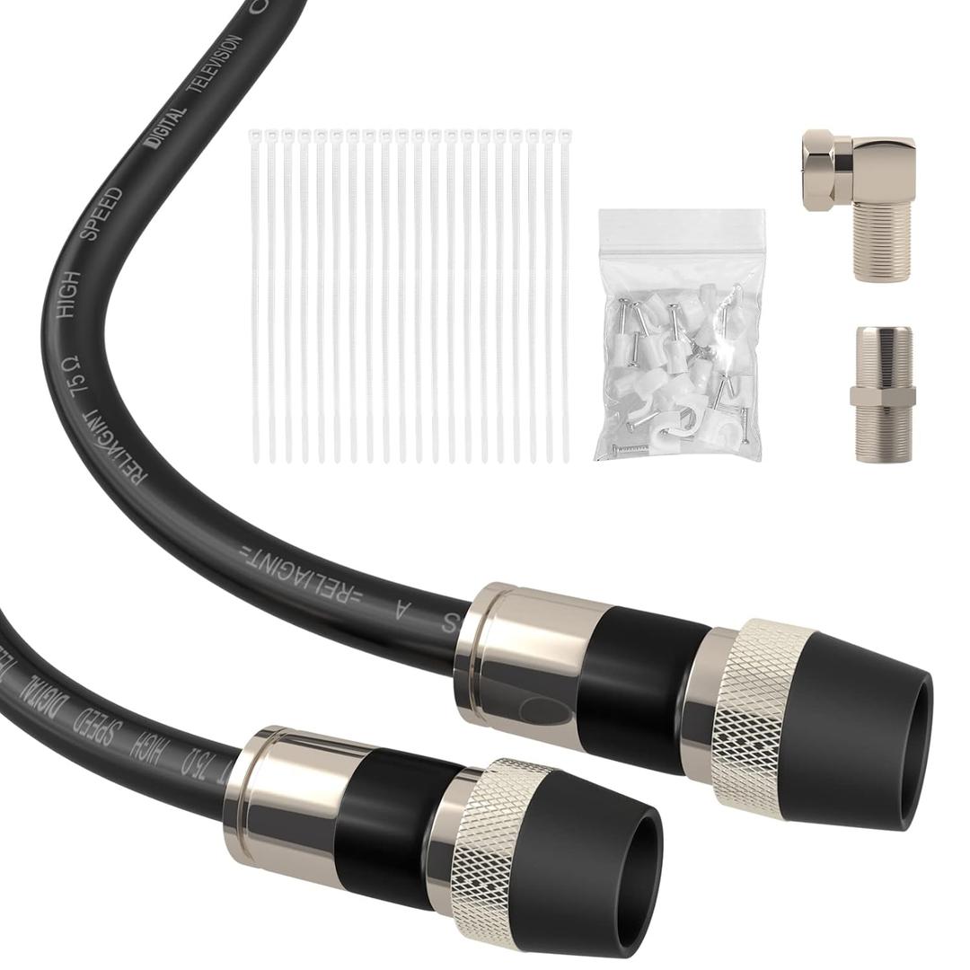 Coaxial Cable 50FT, RG6 Coax Cord for TV with Weatherproof Boot - Ideal Outdoor TV Cable Wire and Antenna Extension, Tri-Shield UV Fire Resistant Wall Rated Black RG6 (Waterproof)