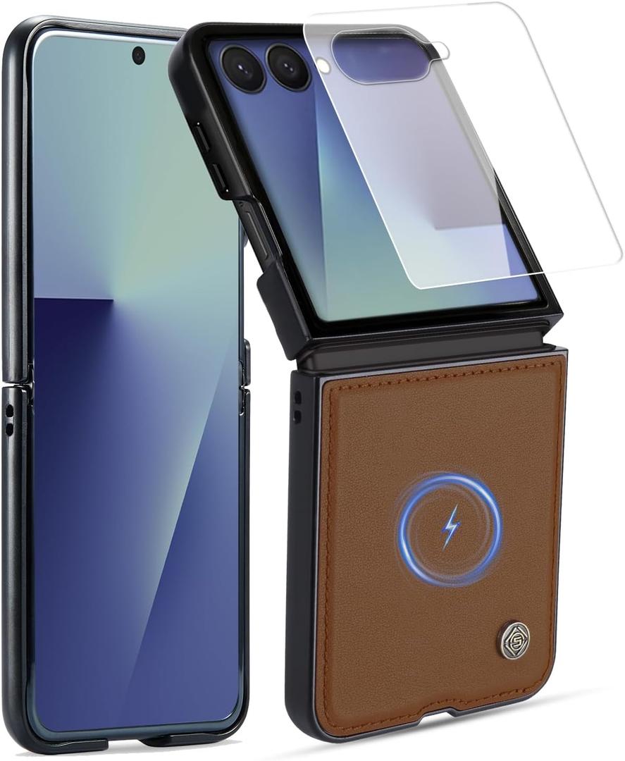 ASAPDOS Genuine Leather Folio Magnetic Case for Samsung Galaxy Z Flip 7 [Compatible with MagSafe],Built-in Screen Protector and Thin Slim Protective Case Cover Brown