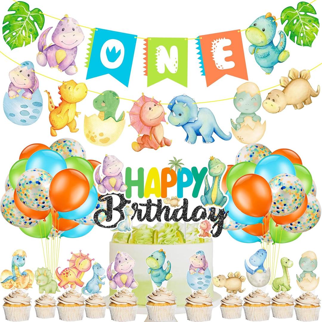 Dinosaur 1st Birthday Decorations Dinosaur Theme One Banners Birthday Cake Cupcake Topper Balloons for Rawr Dino First Bday Party Decorations Baby Shower Supplies