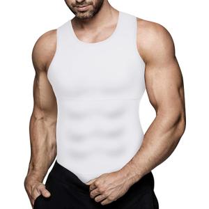 Mens Compression Shirt Workout Tank Tops Slimming Body Shaper Vest Abs Abdomen Undershirts (White, XX-Large)