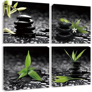 Bathroom Zen Wall Art Black and White Stone Green Plant Pictures Still Life Canvas Artwork Meditation Painting for Home Living Room Wall Decor 20"x20"x4 Pieces