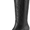 Athlefit Cowboy Cowgirl Boots for Women Fashion Low Chunky Heel Snip Toe Embroidery Western Mid Calf Boots (7.5, Black)
