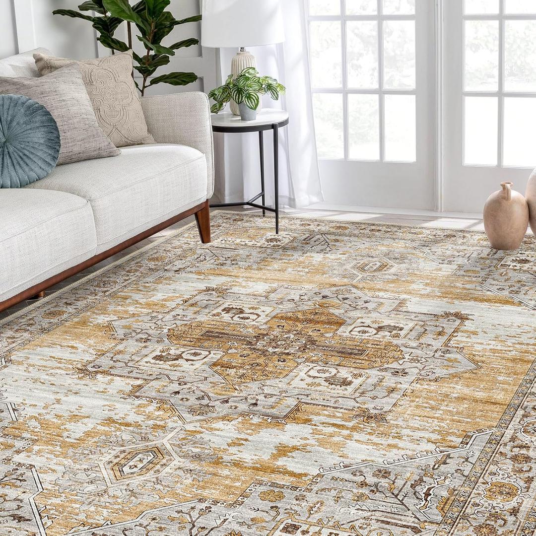 RUUGME Washable 5x7 Area Rugs - Large Rugs for Living Room Stain Resistant Carpet Vintage Tribal Rugs for Bedroom with Non Slip Backing Home Decor Floor Decoration Mat (5x7 Yellow)
