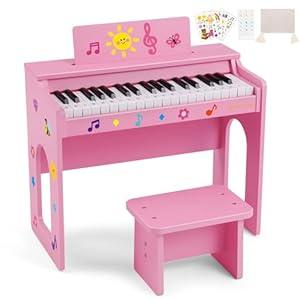 Kids Piano Keyboard, 37 Keys Wooden Digital Piano for Kids with Bench,Song Book, DIY Stickers, Cover, Education Creative Musical Instruments Toy for Boys & Grils Gifts