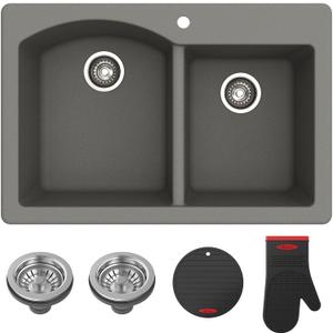 KRAUS Forteza 33-inch Drop In/Undermount 60/40 Double Bowl Granite Kitchen Sink in Grey, KGD-50GREY (Gray) KRAUS Forteza 33-inch Drop In/Undermount 60/40 Double Bowl Granite Kitchen Sink in Grey, KGD-50GREY (Gray)