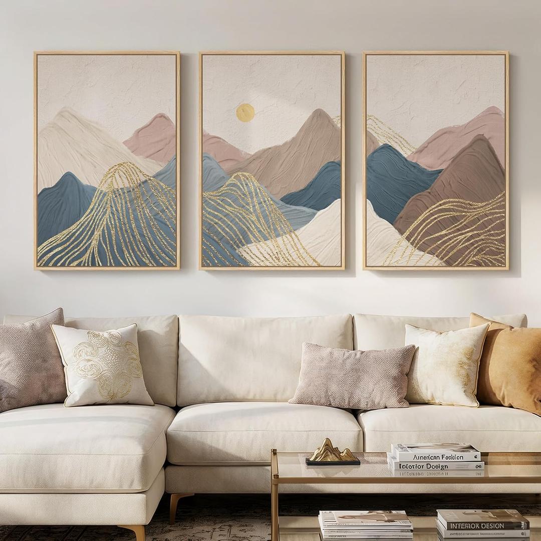 Framed Neutral Abstract Mountain Wall Art for Living Room, 3 Piece Large Landscape Print Canvas Artwork for Walls, Boho Modern Minimalist Paintings for Bedroom Dining Room Office Wall Decor, 24x36 In, 24" W x 36" H x 3Pcs