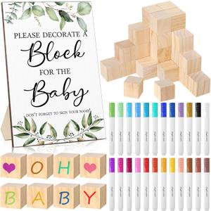 Tatuo 75 Pcs Baby Shower Party Decorate a Block Games Kit Including Decorate Game Sign 50 DIY Wooden Block 24 Acrylic Paint Marker Baby Shower Prize for Gender Reveal Game(Greenery)
