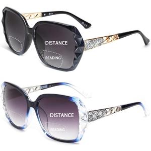 JM 2 Pack Bifocal Reading Sunglasses for Women Fashion Oversized Square Sun Readers Outdoor Reading Glasses UV400 Protection, Black & Clear Blue +2.25