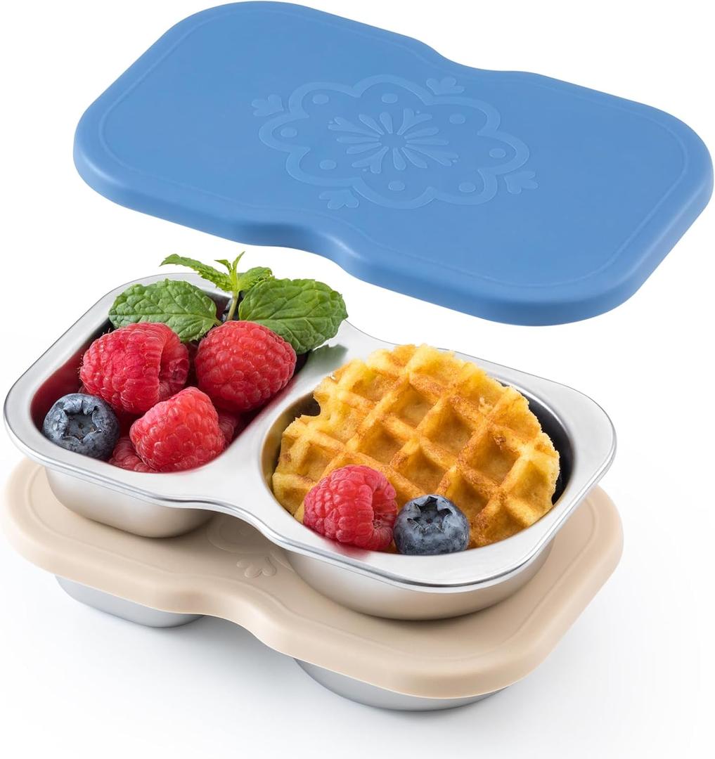 VITEVER 2 Pack Stainless Steel 2-Compartment Small Snack Containers with Lids, Reusable Snack Pack Containers, Lunch Box Accessories,Double Compartment Salad Dressing Containers to Go, 5.3oz