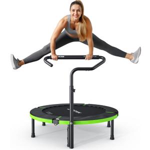 BCAN 40"Foldable Mini Trampoline, Rebounder Trampoline for Adults, U/T Shape Adjustable Foam Handle, Exercise Rebounder for Kids Adults Indoor/Garden Workout, Max Load 330lbs/440lbs (40-inch, 40IN-T-Handle-Green)