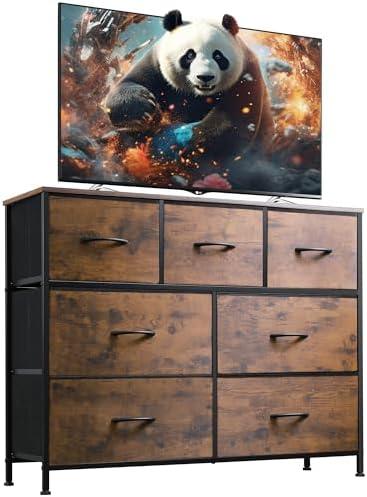 WLIVE 7 Drawer Dresser TV Stand, Entertainment Center, Media Console Table with Metal Frame and Wood Top for TV up to 45 inch, Chest of Drawers for Bedroom, Living Room, Rustic Brown Wood Grain Print