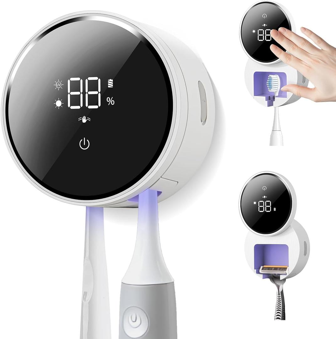 Wall Mounted Toothbrush Holder & Toothbrush Cleaner, Electric Toothbrush Holder, Razor Holder and Cleaner for Bathroom Accessory, with Auto Inductive Open/Close Cover, Clean, Dry for Home, Travel